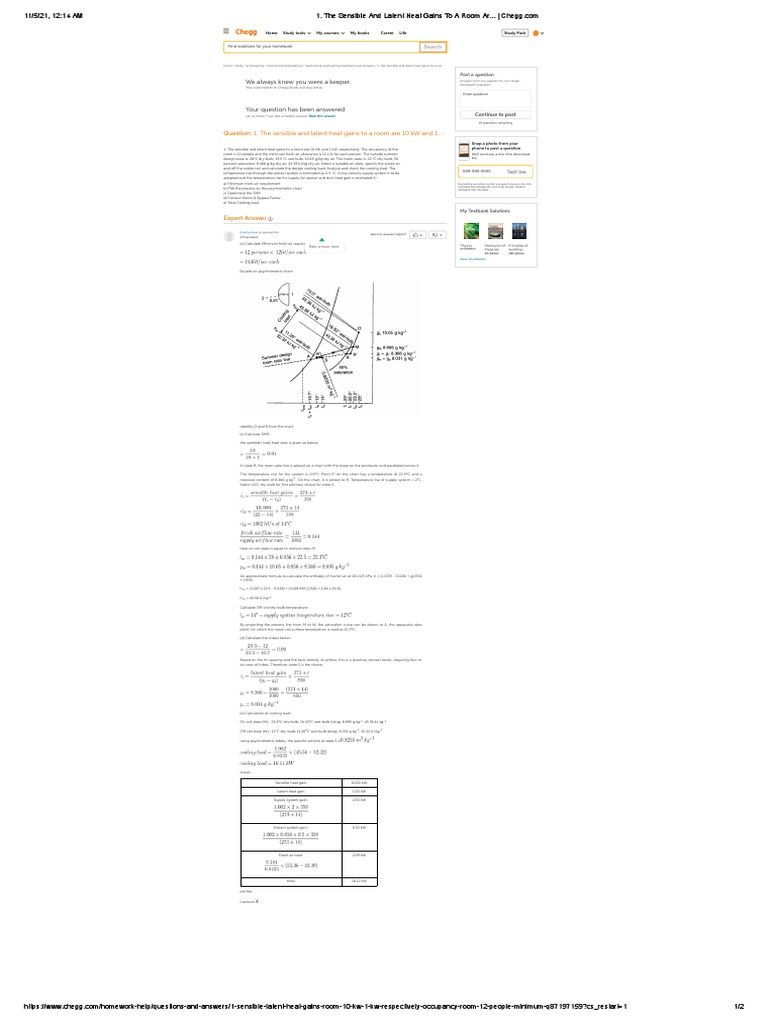The Sensible and Latent Heat Gains To A Room Ar... Chegg - Com 1 | PDF ...
