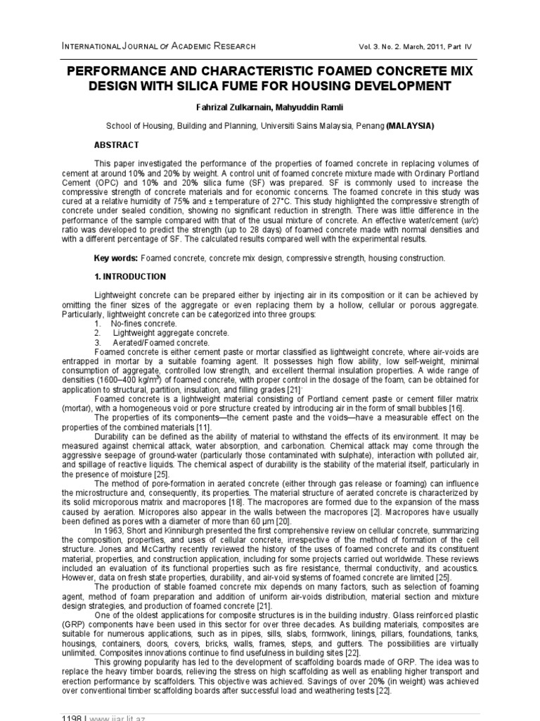 Performance Characteristics and Optimized Mix Design of Foamed Concrete with Silica Fume