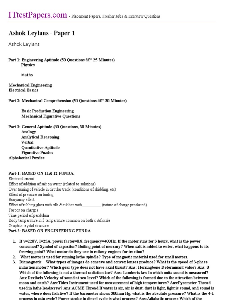 Ashok Leyland Placement Paper 1 Engineering Aptitude Test Questions