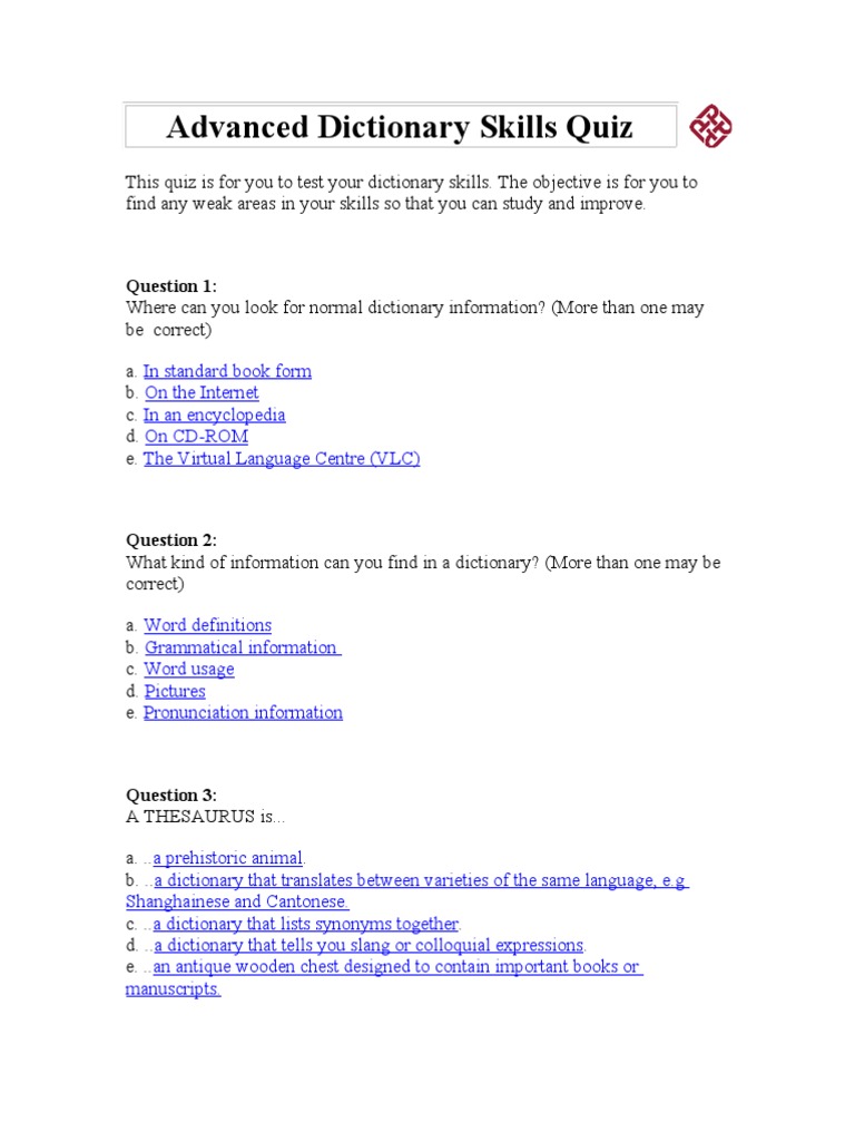 Advanced Dictionary Skills Quiz Idiom Dictionary