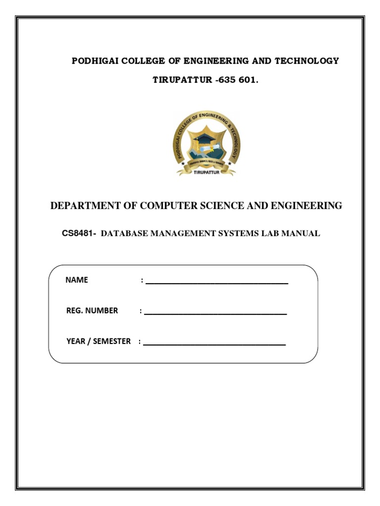 Cs 8481 Dbms Lab Manual PDF Databases Table (Database)