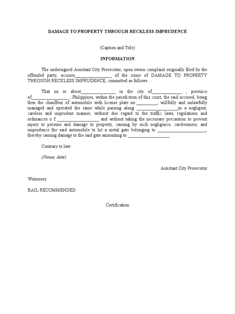 Damage To Property Through Reckless Imprudence | PDF