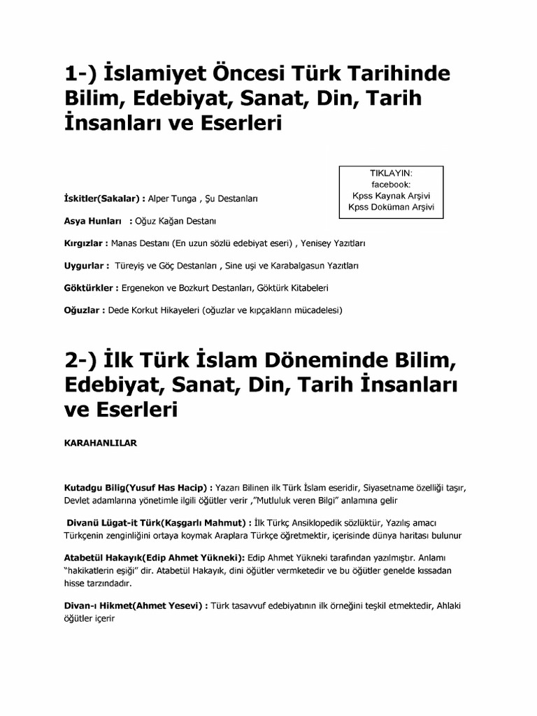 KPSS de Cikabilecek Eserler Ve Yazarlar Ders Notu | PDF
