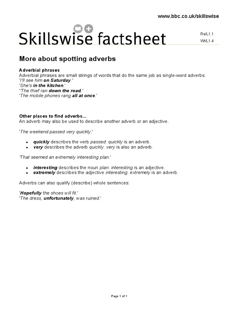 BBC Skillswise Adverbs Factsheet 4 More About Spotting Adverbs PDF