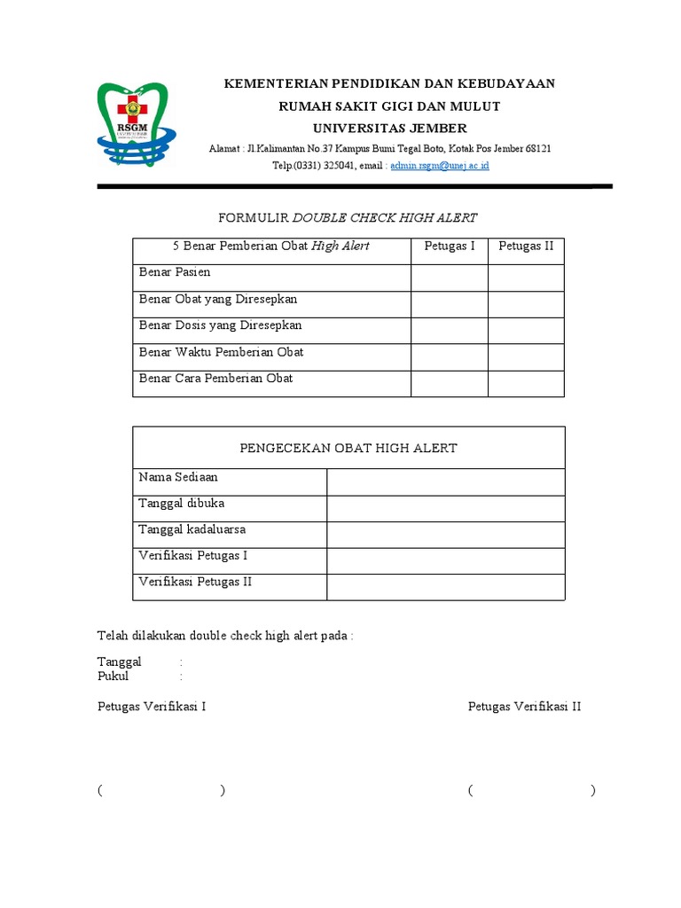 Formulir Double Check Obat High Alert | PDF