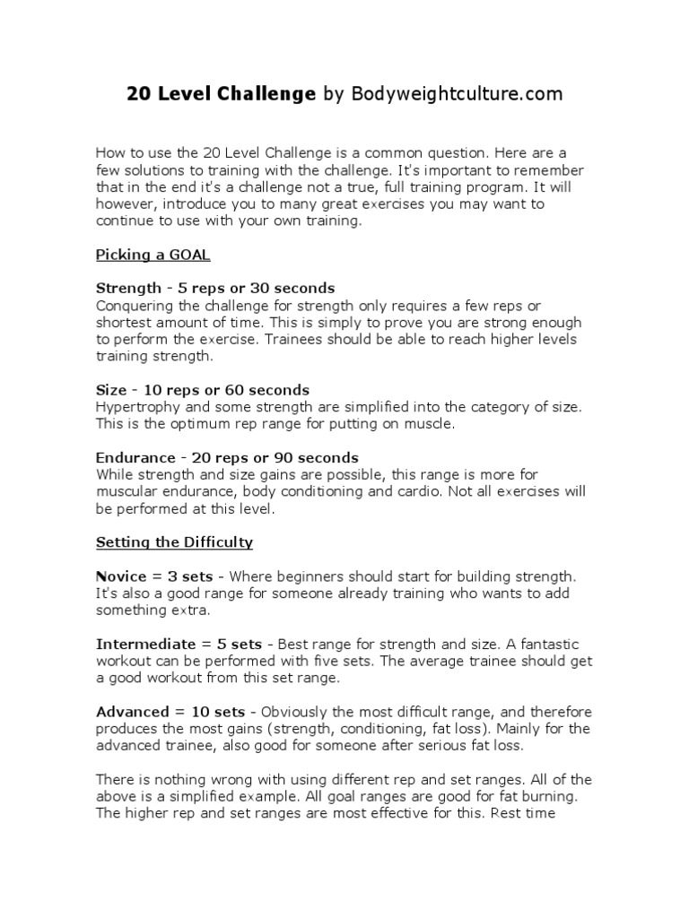 20 Level Challenge by Bodyweightculture PDF Strength Training Hobbies