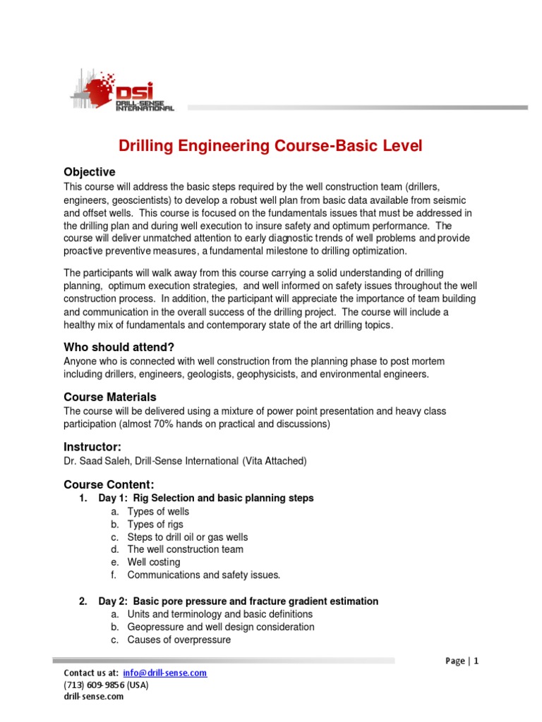 Drilling Course Basic Saleh | PDF | Oil Well | Drilling Rig