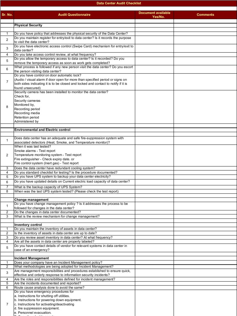 data center site visit checklist