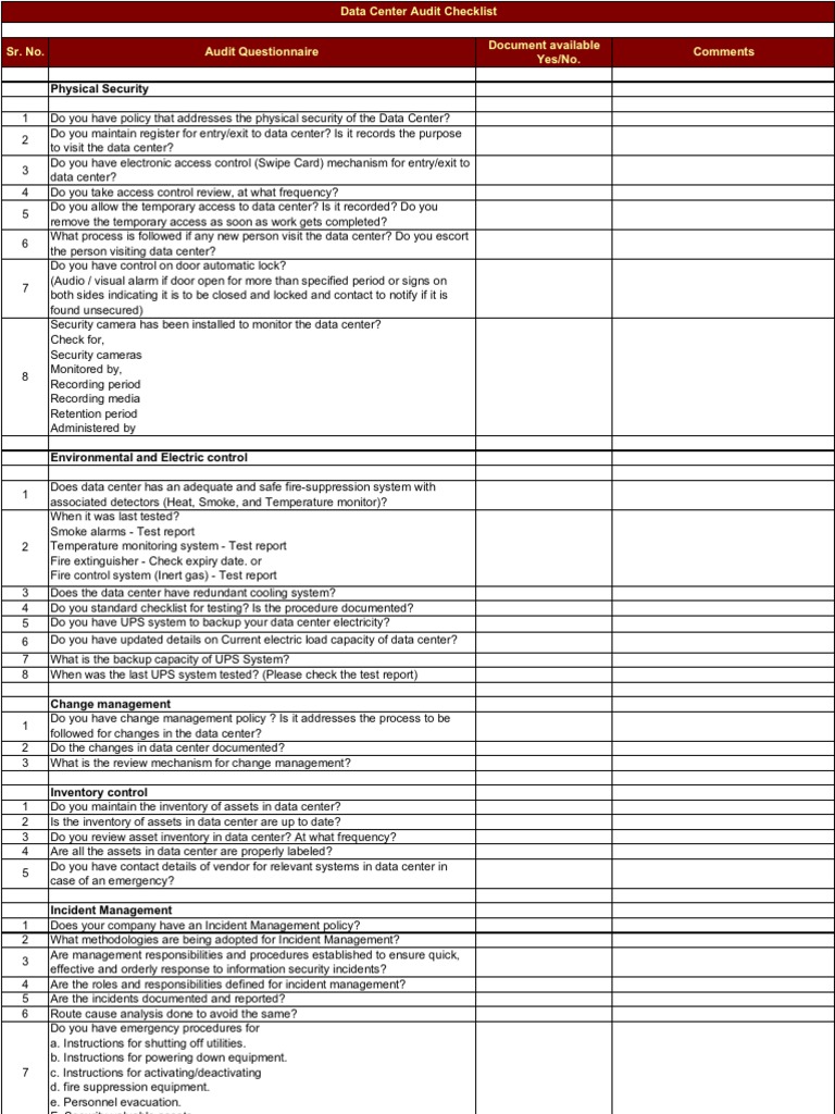 Data Center Audit Checklist  PDF  Data Center  Physical Security Throughout Data Center Audit Report Template