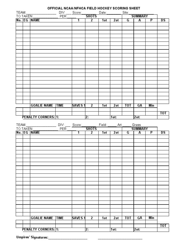 Official Ncaa/Nfhca Field Hockey Scoring Sheet PDF Sports Rules And