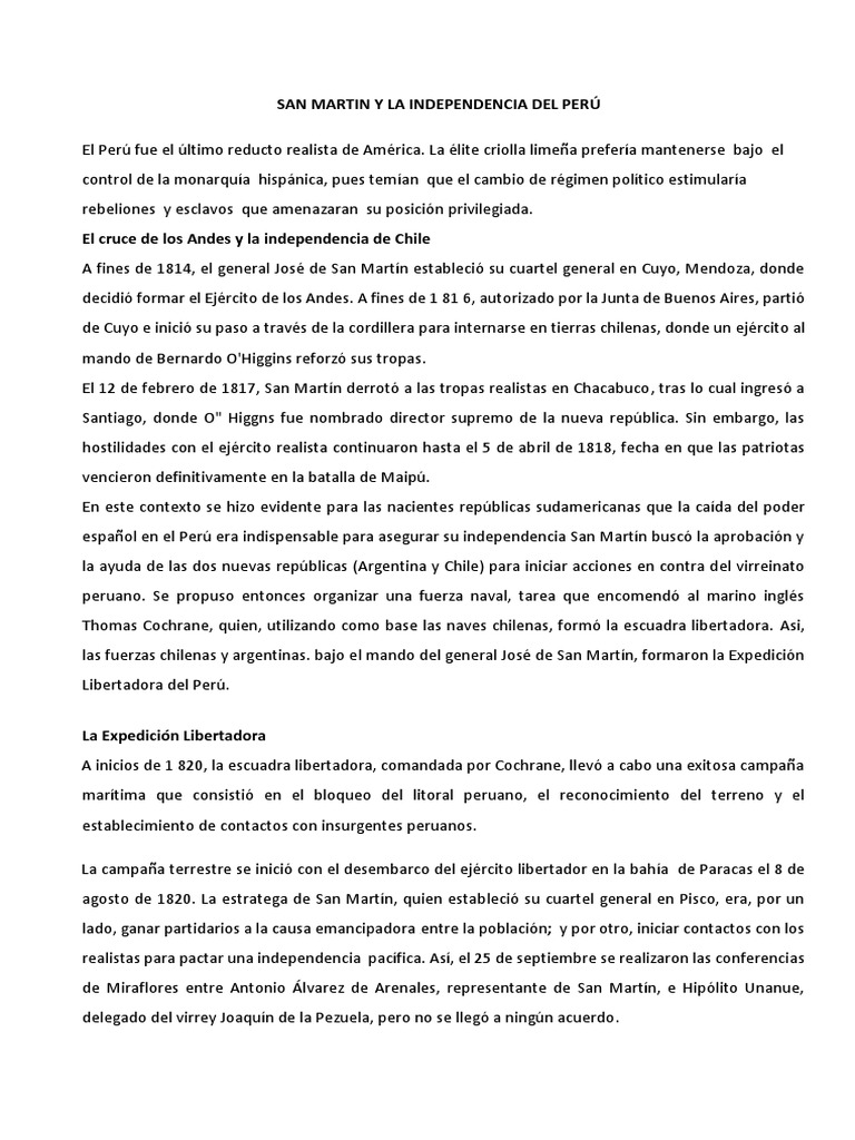 San Martin y La Independencia Del Peru | PDF | Perú | Conflictos