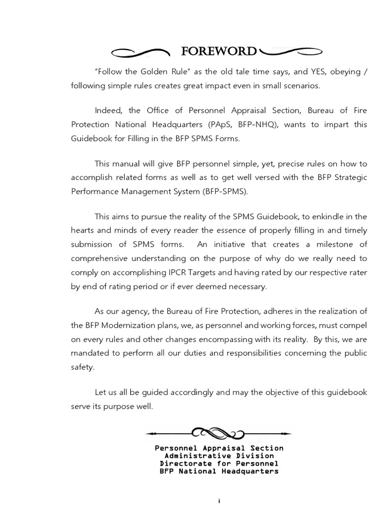 BFP SPMS Forms Guidebook | PDF | Fire Safety | Performance Appraisal