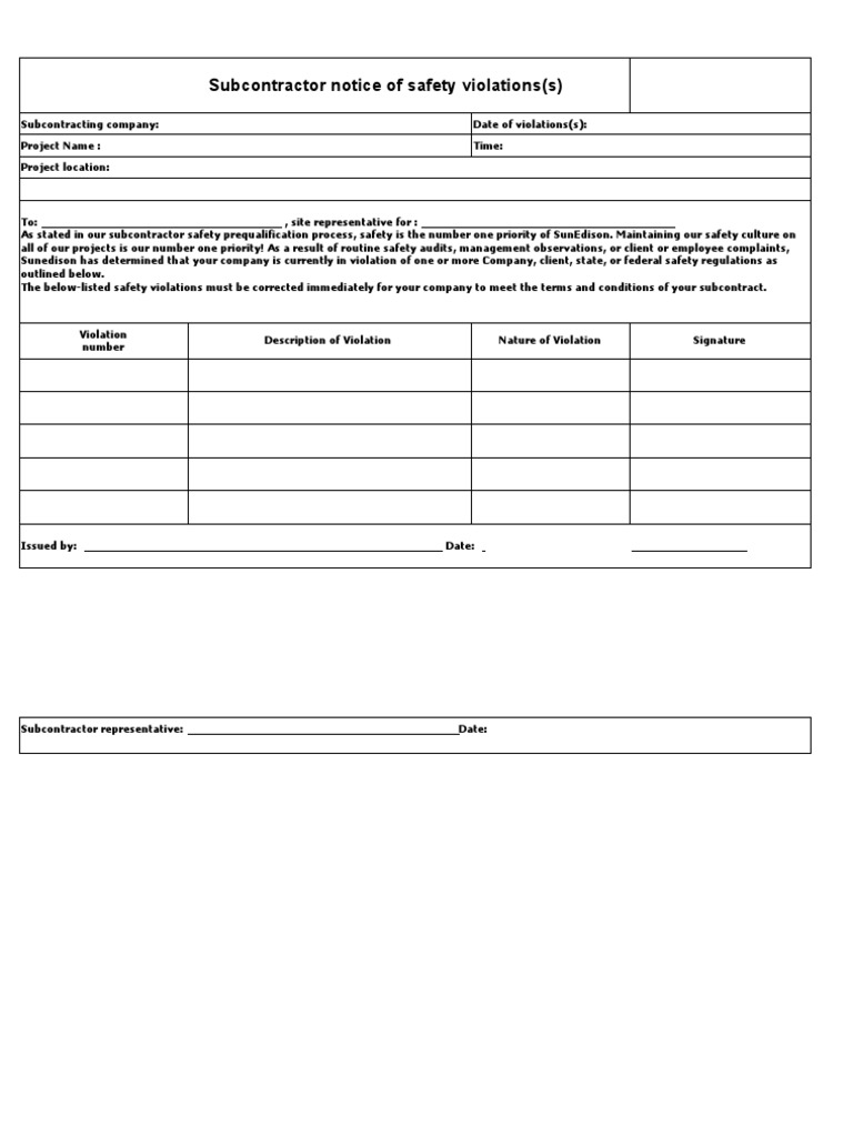 Subcontractor Notice of Safety Violations | PDF