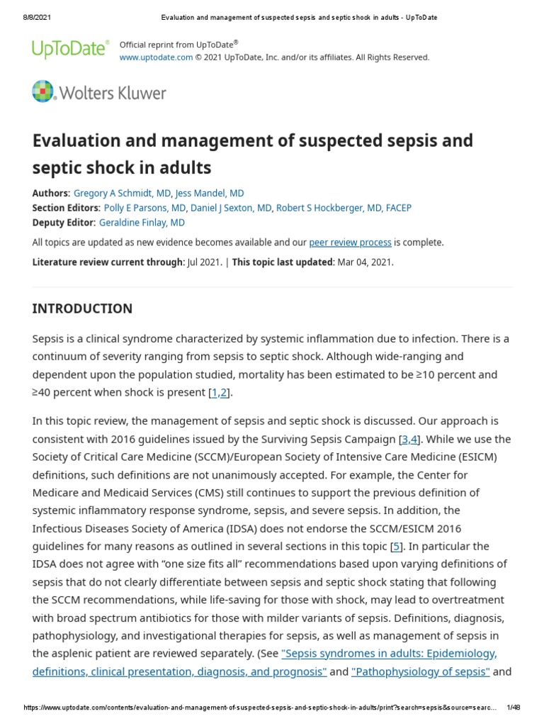 Evaluation and Management of Suspected Sepsis and Septic Shock in