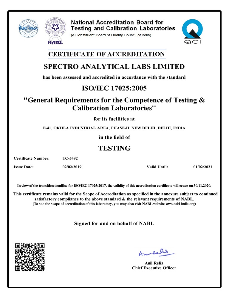 SPECTRO NABL Certificate TC5492 PDF