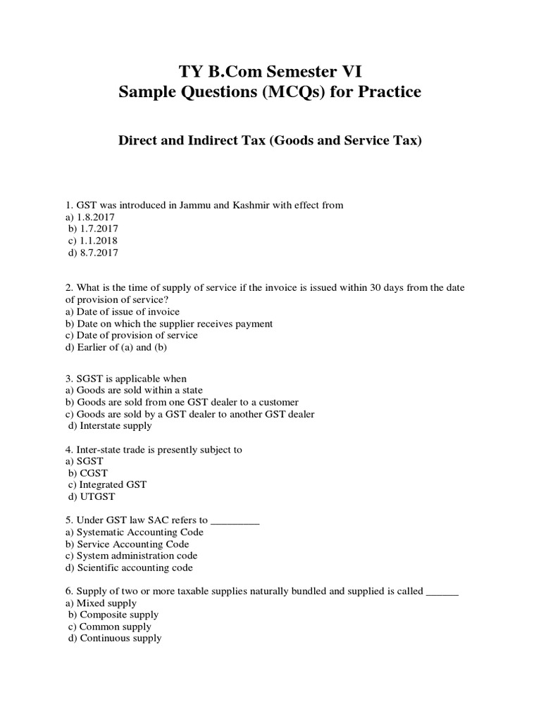 Sample Questions (MCQS) For Practice: Direct and Indirect Tax (Goods ...