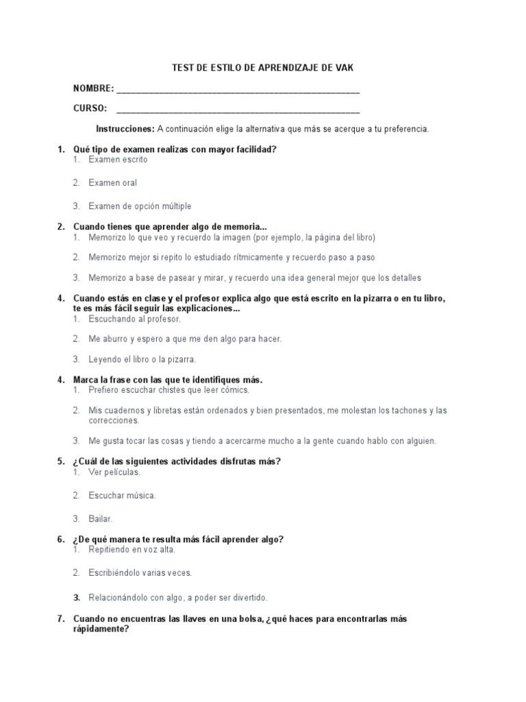 Test de Estilo de Aprendizaje VAK | PDF