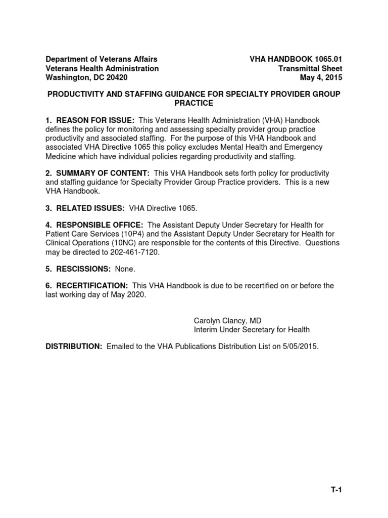 VHA Handbook 1065.01 Productivity and Staffing Guidance For Specialty