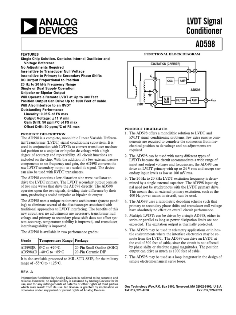 AD598 LVDT Signal Conditioner Overview | PDF | Amplifier | Inductor