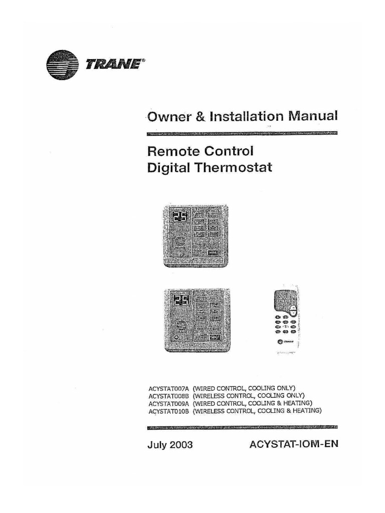 Trane Remote Control Digital Theromostat PDF