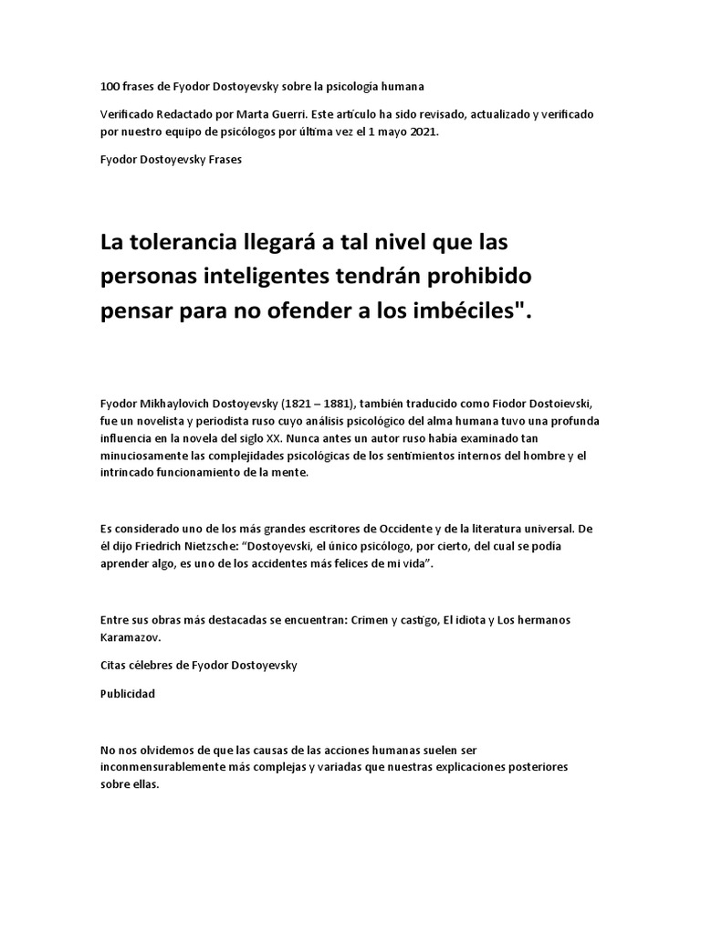 100 Frases de Fyodor Dostoyevsky Sobre La Psicología Humana | PDF | Amor, image size:768x1024