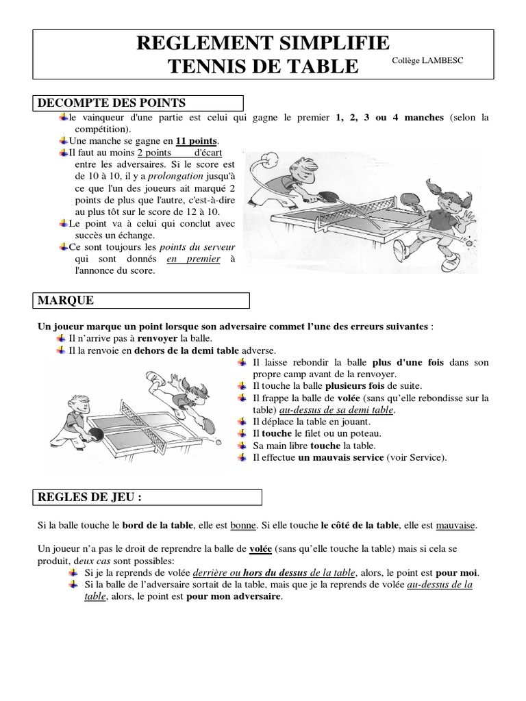 Reglement Simplifie Tennis de Table | PDF | Tennis de table | Des sports