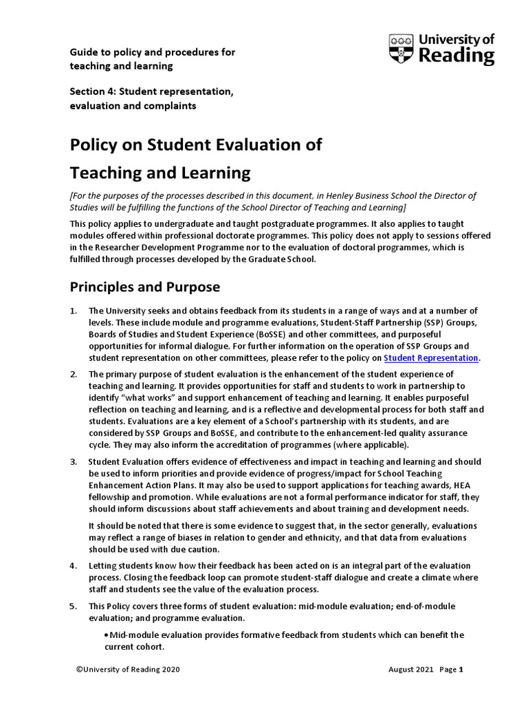 Policy On Student Evaluation of Teaching and Learning | PDF