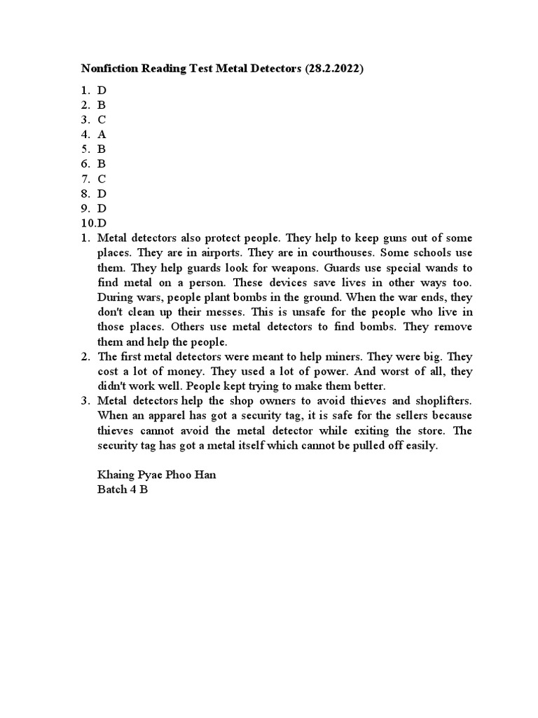 Nonfiction Reading Test Metal Detectors PDF