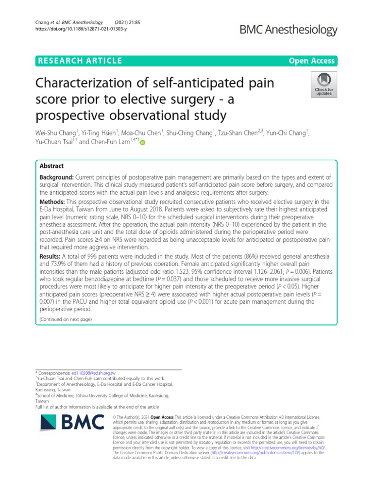 Characterization of SelfAnticipated Pain Score Prior To Elective