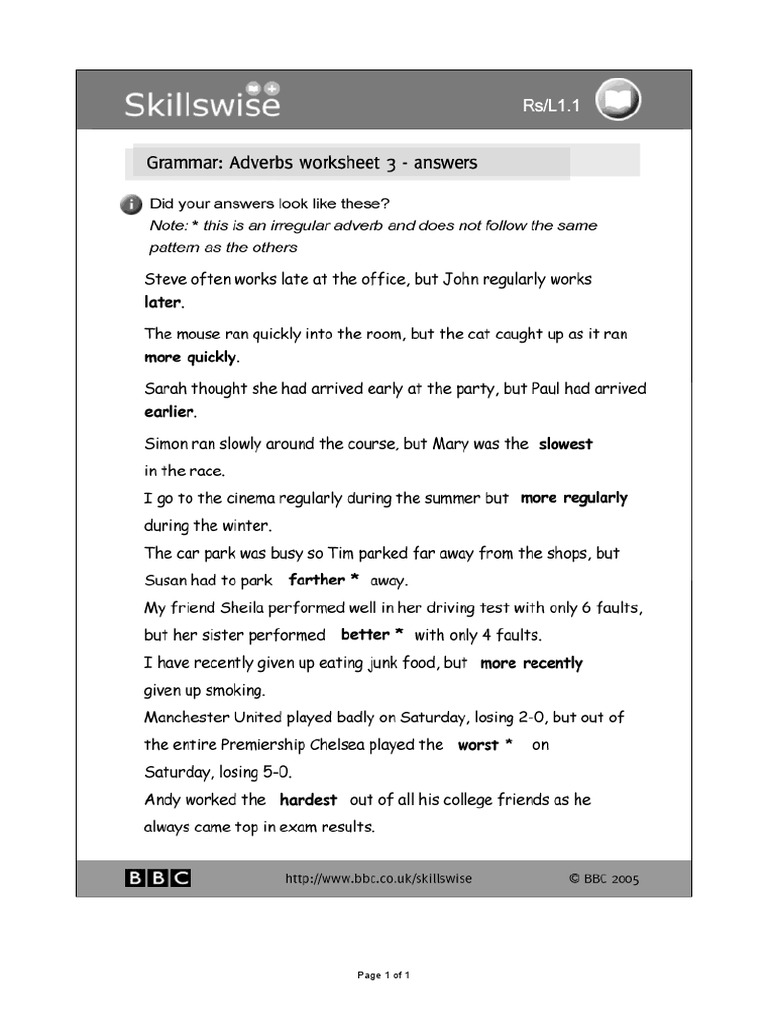 BBC Skillswise - Adverbs - Worksheet 3 Answers - Using Adverbs To ...