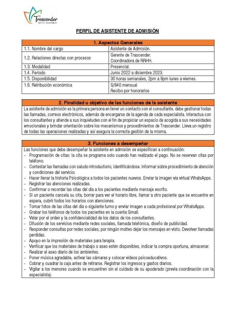 Perfil de Asistente de Admisión | PDF | Aprendizaje | Sicología