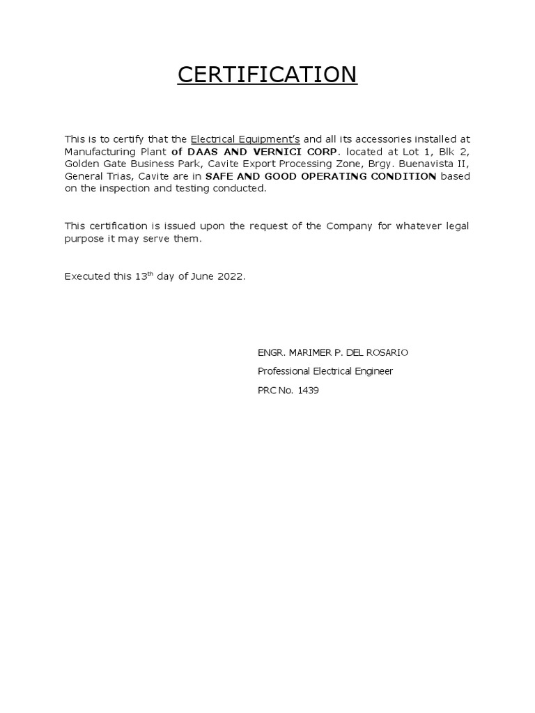 Electrical Safety Certificate 2022 PDF