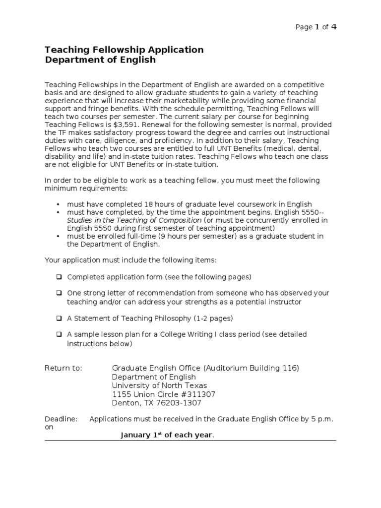 UNT English Teaching Fellowship Application | PDF | Graduate School ...