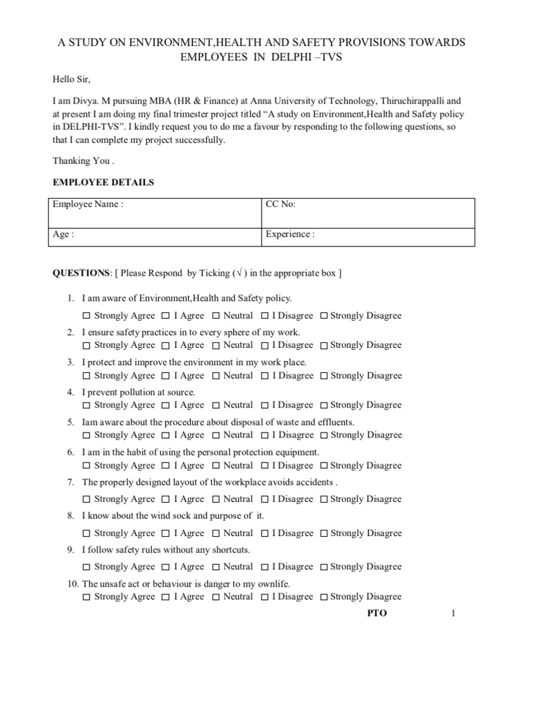 EHS Questionnaire Occupational Safety And Health Prevention