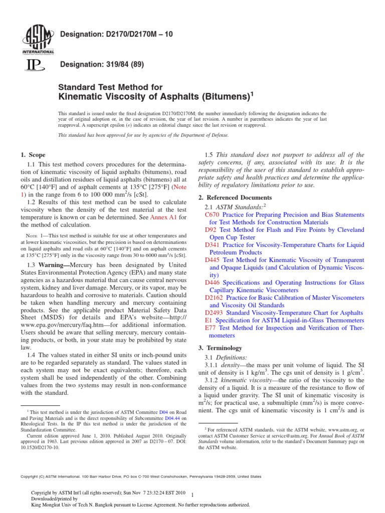 Kinematic Viscosity of Asphalts (Bitumens) : Standard Test Method For ...