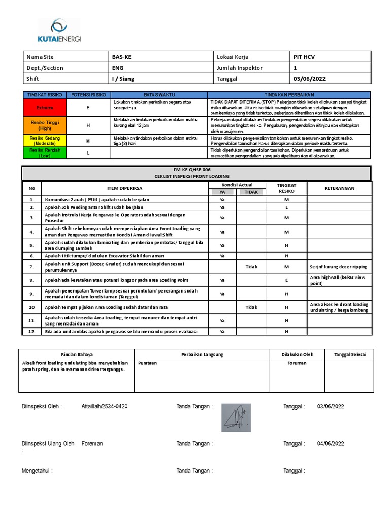 Ceklist Inspeksi Front Loading Tambang | PDF