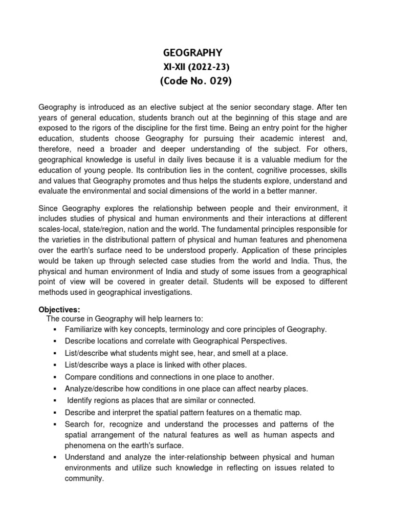 Understanding Geography An Overview of the Class XIXII Geography Curriculum PDF Geography