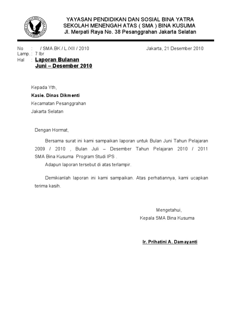 Surat Pengantar Lap Bulanan