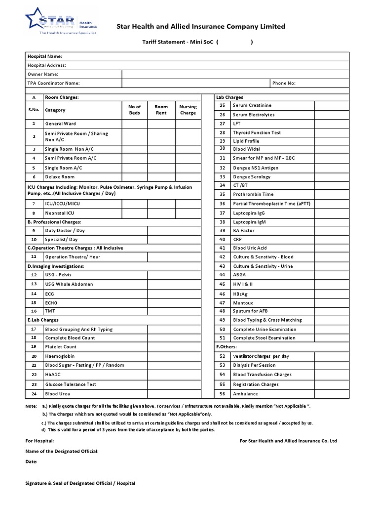 Hospital Document Tariff Statement (Mini SOC) PDF Clinical Medicine