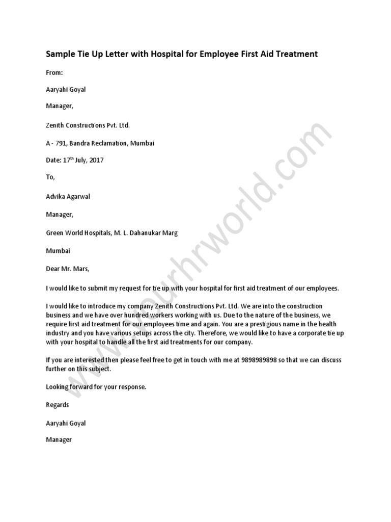 Sample Tie Up Letter With Hospital For Employee First Aid Treatment PDF
