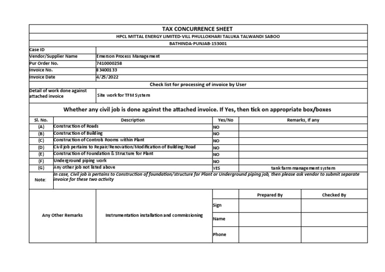 Tax Concurrence Sheet for Emerson Invoice | PDF | Technology & Engineering