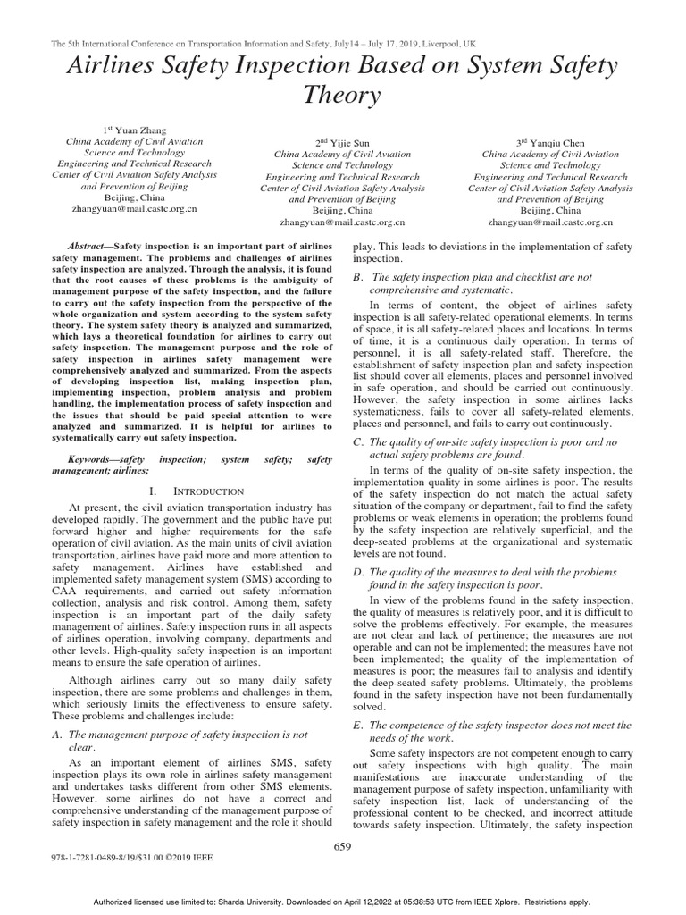 Airlines Safety Inspection Based On System Safety Theory PDF Safety