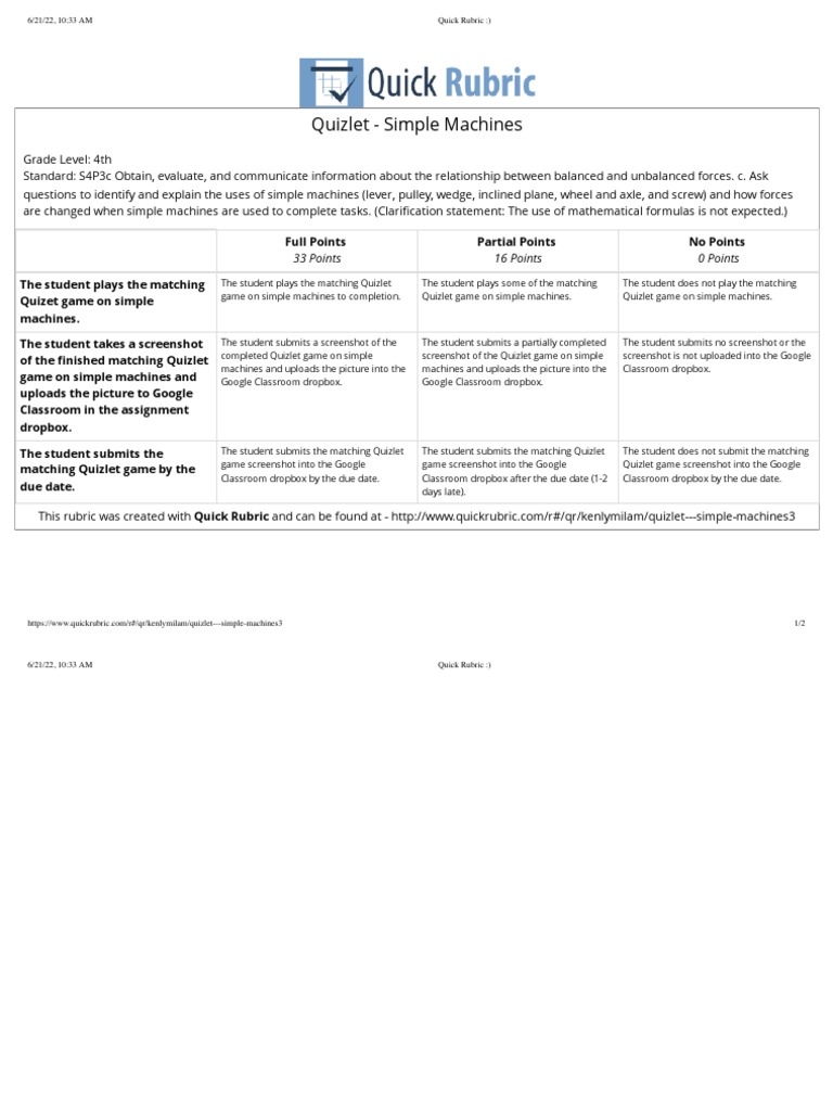 Quizlet Simple Machines PDF Machines Rubric (Academic)
