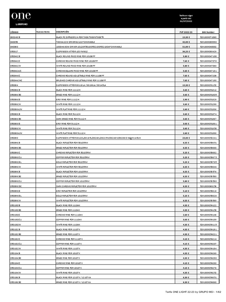 One Light Tarifa 2022 by Grupo Mci PDF Electrical Connector