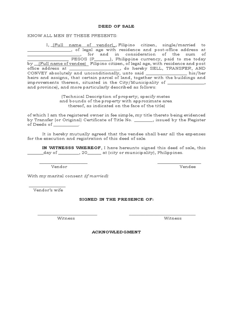 DEED OF SALE Legal Forms | PDF | Land Lot | Property