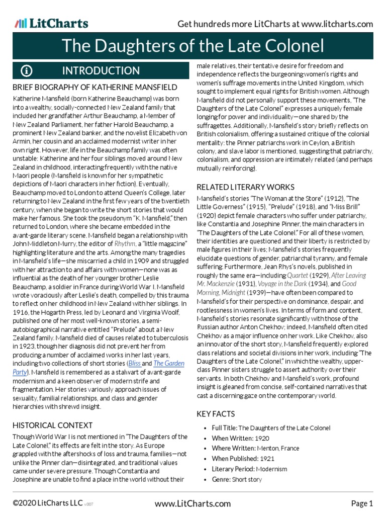 The Daughters of The Late Colonel LitChart PDF Katherine Mansfield