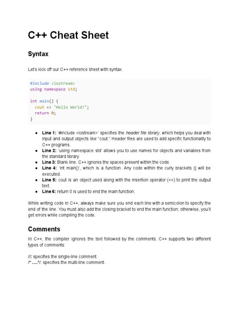 C++ Cheat Sheet: Syntax | Download Free PDF | Parameter (Computer ...