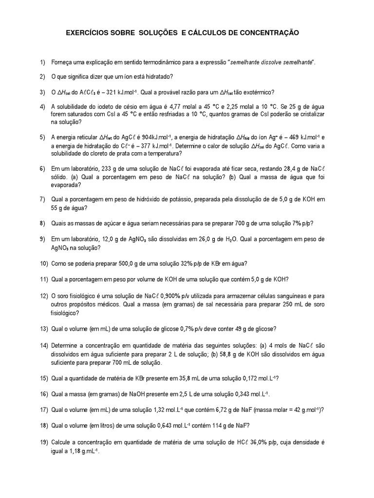 Exercícios sobre concentração e cálculos de soluções | PDF ...
