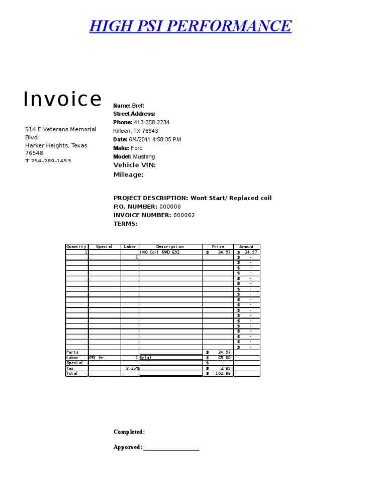Ford Mustang Repair Invoice | PDF