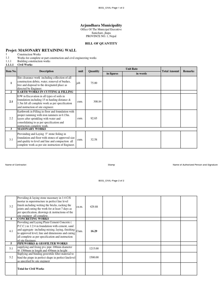 boq of retaining wall | PDF | Masonry | Specification (Technical Standard)